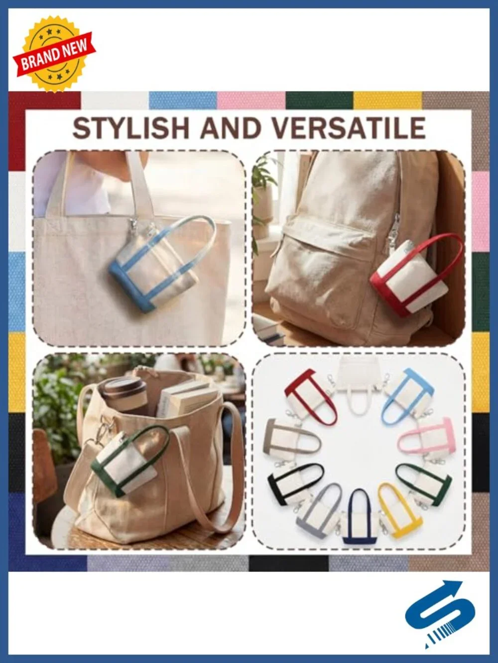 Mini Tote Bag Keychain Set of 10 with Zipper Polyester Pouch for Backpack